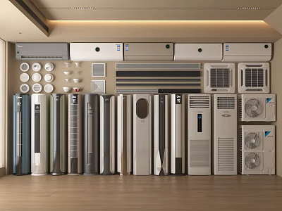 Display of Various Types and Models of Air Conditioners and Fans in Modern Showroom 3d model