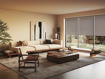 Modern Living Room Interior With Beige Sofa Wooden Coffee Table Accent Chair And Large Window Blinds 3d model