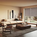 Modern Living Room Interior With Beige Sofa Wooden Coffee Table Accent Chair And Large Window Blinds