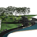 Outdoor Pergola Design with Green Lawn Trees and Curved Pathway and Serene Water Feature