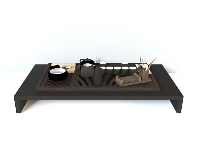 Black Tea Table Setup With Teapot Tea Cups Chopsticks And Small Plates 3d model