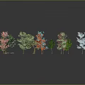 Colorful 3D Tree Models With Green Blue Red Pink And Small Plants On Gray Background