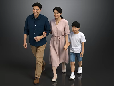 Smiling Parents and Son Walking Hand in Hand Together on Gray Background 3d model
