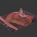 Island Building Model with Green Dome Tower Surrounding Trees Bridge Water and Boats