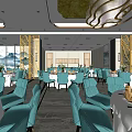 Elegant Banquet Hall Interior Featuring White Tablecloths Blue Chairs Modern Chandeliers And Decorative Paintings