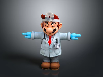 Doctor Mario Character Figurine In White Coat With Stethoscope Red Tie And Blue Gloves 3d model