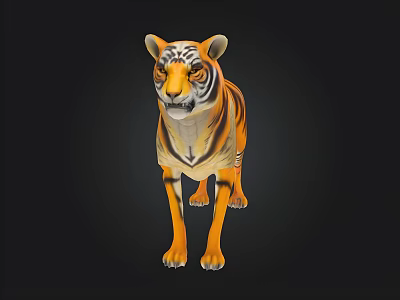 Realistic Tiger Sculpture In Standing Pose With Orange Black Stripes And Yellow Eyes 3d model