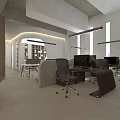 Modern Public Office Space With Glass Partitions Wooden Columns Desks Computers Chairs And Soft Lighting