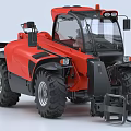 Red Heavy Duty Utility Vehicle With Large Tires Enclosed Cab And Fork Attachment