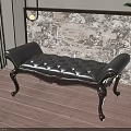 Classic Black Leather Tufted Bench with Carved Wooden Legs in Living Room