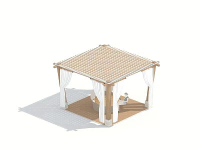 Outdoor Wooden Swing Door Pergola With White Curtains And Seating Area 3d model