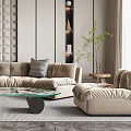 Elegant Modern Living Room Interior With Large Sofa Glass Coffee Table And Greenery