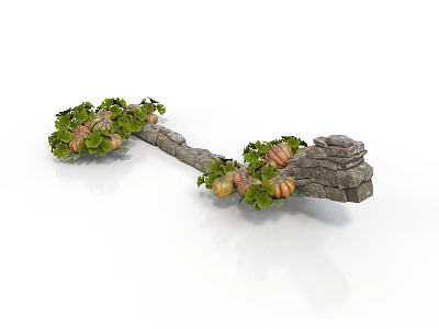 Festive Autumn Decorative Branch Structure With Green Leaves Pumpkins And Stone Base 3d model