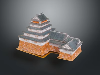Traditional Japanese Castle With Multi Tiered Tower Gray Tiled Roof And White Orange Stone Walls 3d model