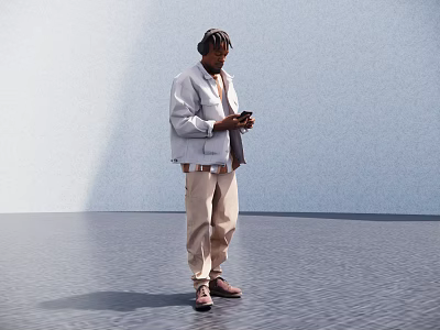 Man in Light Gray Jacket and Beige Pants Using Smartphone Against Light Blue Textured Floor 3d model
