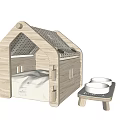Wooden Pet House With Cozy Design And White Bowls On Small Stand