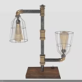 Industrial Style Furniture Table Lamp With Metal Pipes Wire Cage Shades And Wooden Base