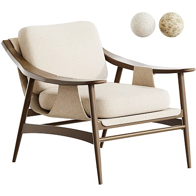 Stylish Accent Chair with Beige Fabric Dark Brown Wooden Frame Armrests and Spherical Decor 3d model