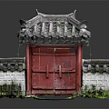 Traditional Chinese Architecture With Red Gate Grey Tile Roof White Brick Wall And Green Plants