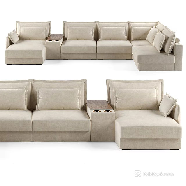 Beige Fabric Sectional Sofa With Modular Design Cushions Side Table And Cup Holders 3d model