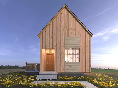Wooden Cabin With Gabled Roof Front Steps Railing And Wooden Exterior Surrounded By Yellow Flowers 3d model