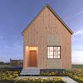 Wooden Cabin With Gabled Roof Front Steps Railing And Wooden Exterior Surrounded By Yellow Flowers