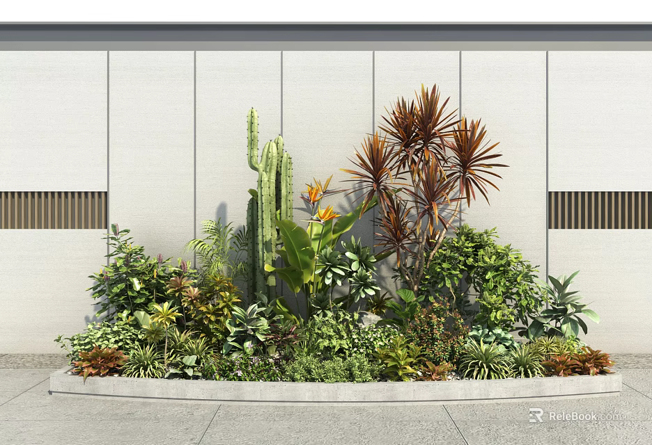 Vibrant Outdoor Planter With Cactus Red Leaf Plants And Lush Green Shrubs Against White Wall 3d model 