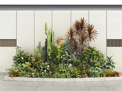 Vibrant Outdoor Planter With Cactus Red Leaf Plants And Lush Green Shrubs Against White Wall 3d model