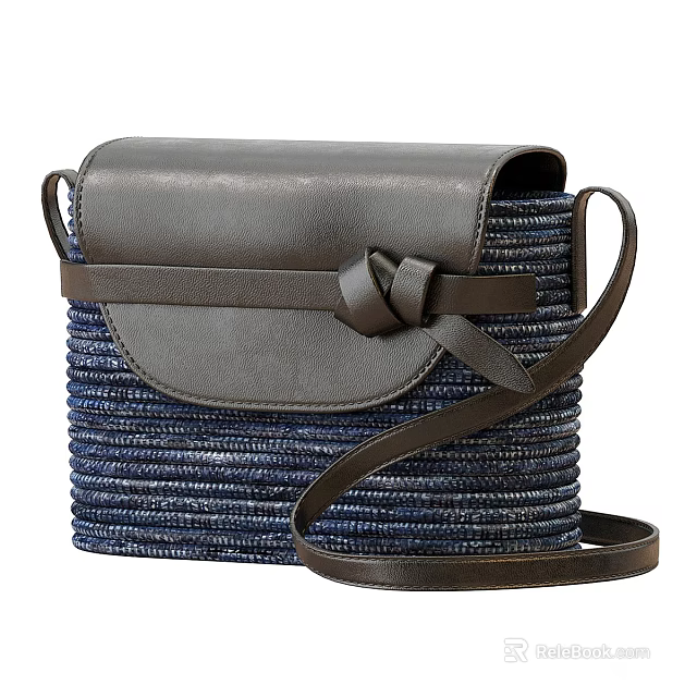 Blue Woven Shoulder Bag with Dark Gray Leather Flap and Knot Strap Design 3d model 