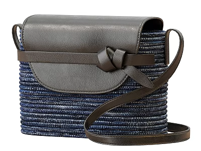 Blue Woven Shoulder Bag with Dark Gray Leather Flap and Knot Strap Design 3d model