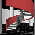 Red Modern Spiral Staircase With Curved Structure And White Steps In Interior Space