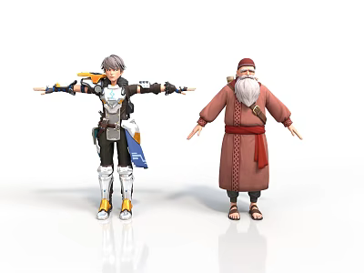 Futuristic Tech Equipped Young Character and Traditional Elderly Man in Red Robe with Long Beard 3d model