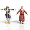 Futuristic Tech Equipped Young Character and Traditional Elderly Man in Red Robe with Long Beard