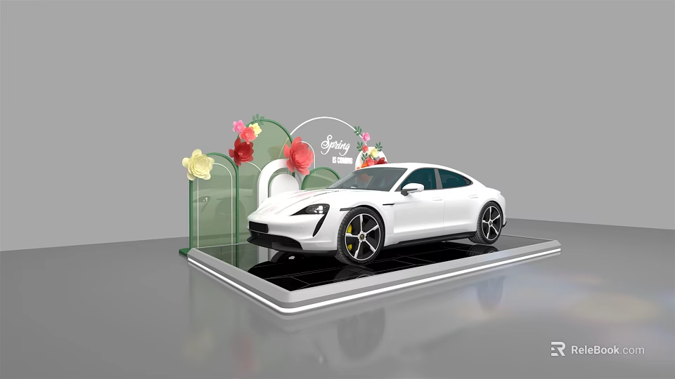 Floral Display with Decorative Flowers and White Car on Spray Platform 3d model 
