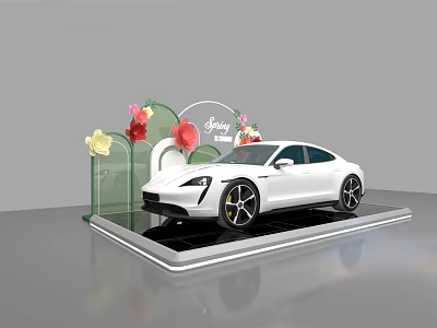 Floral Display with Decorative Flowers and White Car on Spray Platform 3d model