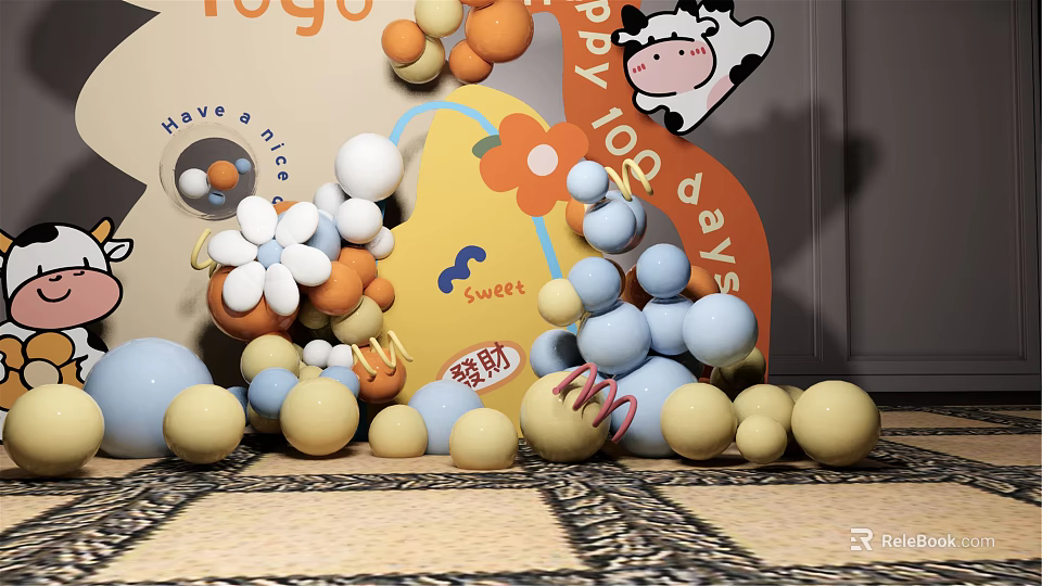 Colorful Balls And Flower Decor With Cartoon Cow For Happy 102 Days Celebration 3d model 