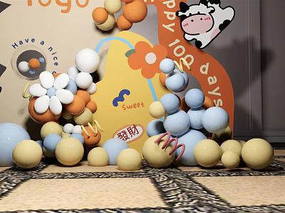 Colorful Balls And Flower Decor With Cartoon Cow For Happy 102 Days Celebration 3d model