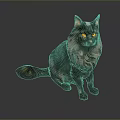 Realistic Gray Long Haired Cat With Fluffy Fur And Yellow Eyes Sitting On Dark Background