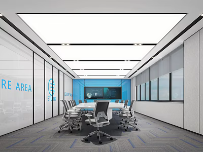 Modern Conference Room Interior Design With Long Table Chairs Glass Partitions And Blue Accent Wall 3d model