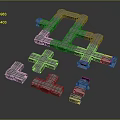 Cartoon Style Blue Metallic Modular Maze Structure with Interconnected Paths and Small Components 3d model