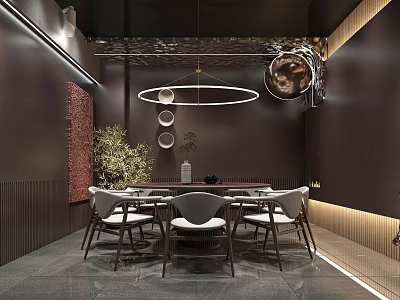 Modern Private Dining Room With Round Table White Chairs Circular Pendant Lights And Green Plant 3d model
