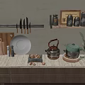 Elegant Kitchen Kitchenware Display With Copper Pots Knives Cutting Boards Plates And Jars 3d model