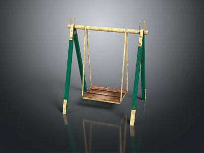 Outdoor Swing With Green Frame Golden Crossbar And Wooden Hanging Seat 3d model