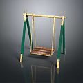 Outdoor Swing With Green Frame Golden Crossbar And Wooden Hanging Seat