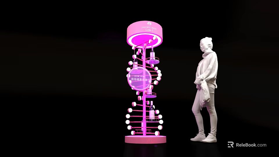 Pink Illuminated DNA Structure Display With Human Figure And Champagne Elements 3d model