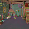 Cartoon Scene With Green Walls Wooden Stairs Stone Fireplace Firewood Stack And Framed