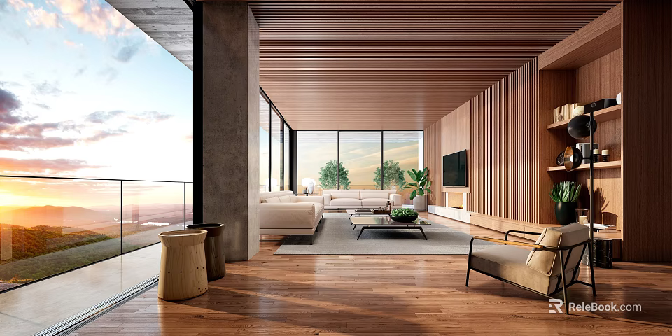 Modern Living Room Featuring Wooden Ceiling Large Windows Scenic View Sofa Coffee Table Green Plants 3d model 