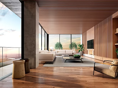 Modern Living Room Featuring Wooden Ceiling Large Windows Scenic View Sofa Coffee Table Green Plants 3d model