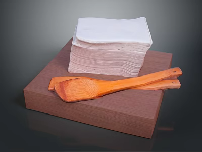 Everyday Household Supplies With Stacked Tissues Wooden Spoons And Cutting Board 3d model