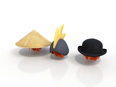Decorative Hats Collection Including Bamboo Conical Black Lightning And Bowler Styles With Red Trim 3d model